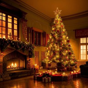 нарисовать наряженную новогоднюю ёлку в помещении бенгальские огни, камин_Kandinsky 3.1