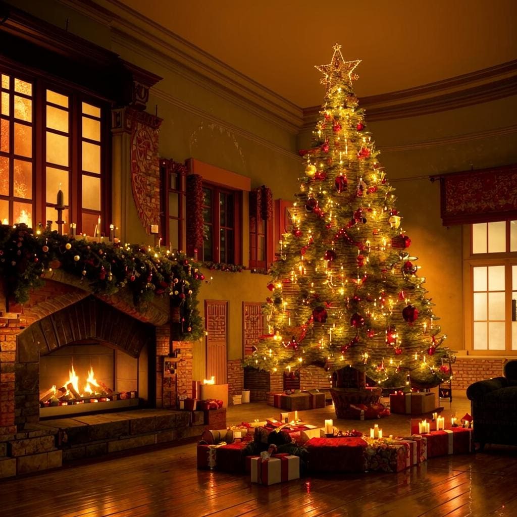 нарисовать наряженную новогоднюю ёлку в помещении бенгальские огни, камин_Kandinsky 3.1